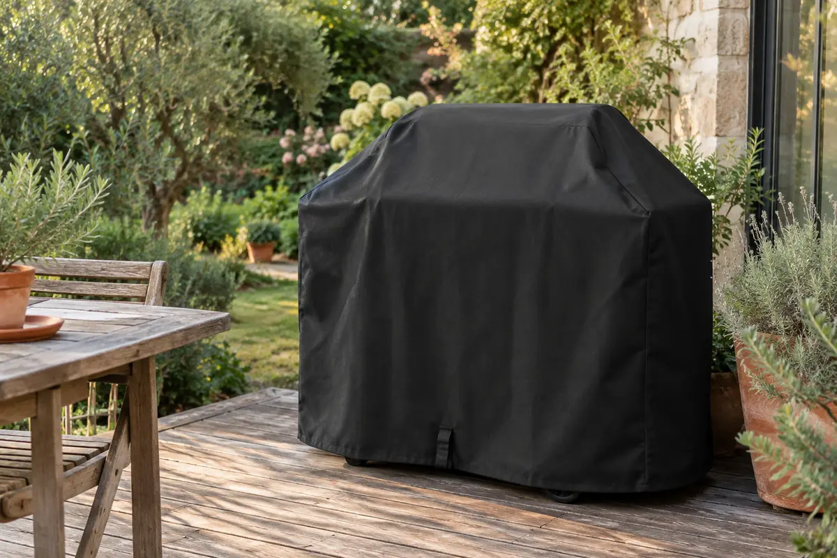 Housse noire Velway en polyester Oxford couvrant un barbecue dans un jardin avec terrasse en bois