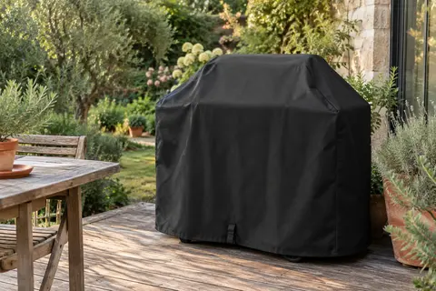 Housse noire Velway en polyester Oxford couvrant un barbecue dans un jardin avec terrasse en bois