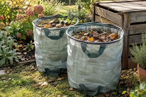 Deux sacs de jardin réutilisables ouverts et remplis de feuilles dans un jardin d’automne