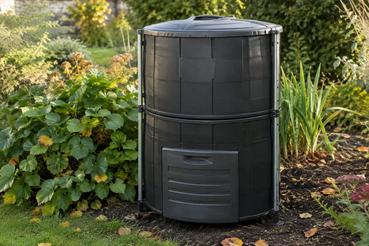 Composteur rotatif noir à double chambre installé dans un jardin français aux feuillages d’automne