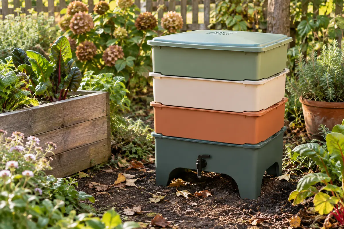 Lombricomposteur vidaXL en plastique multicolore à quatre plateaux, installé dans un jardin près de plantations.