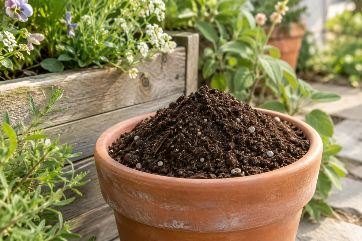 Terreau brun sombre avec des grains de ponce dans un pot en terre cuite près d’une jardinière au printemps