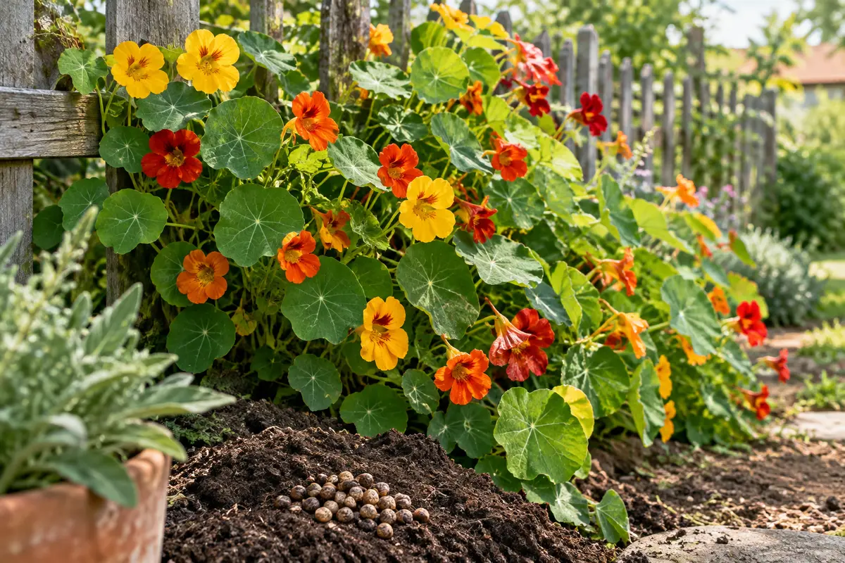 Capucines de lobb aux fleurs jaunes et rouges grimpant sur une clôture en bois au jardin.