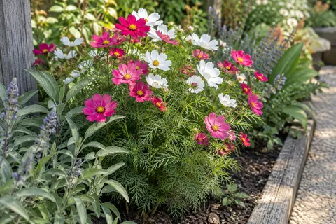 Cosmos Aldebaran aux fleurs blanches et rose vif, avec des pétales tubulés et un feuillage finement découpé