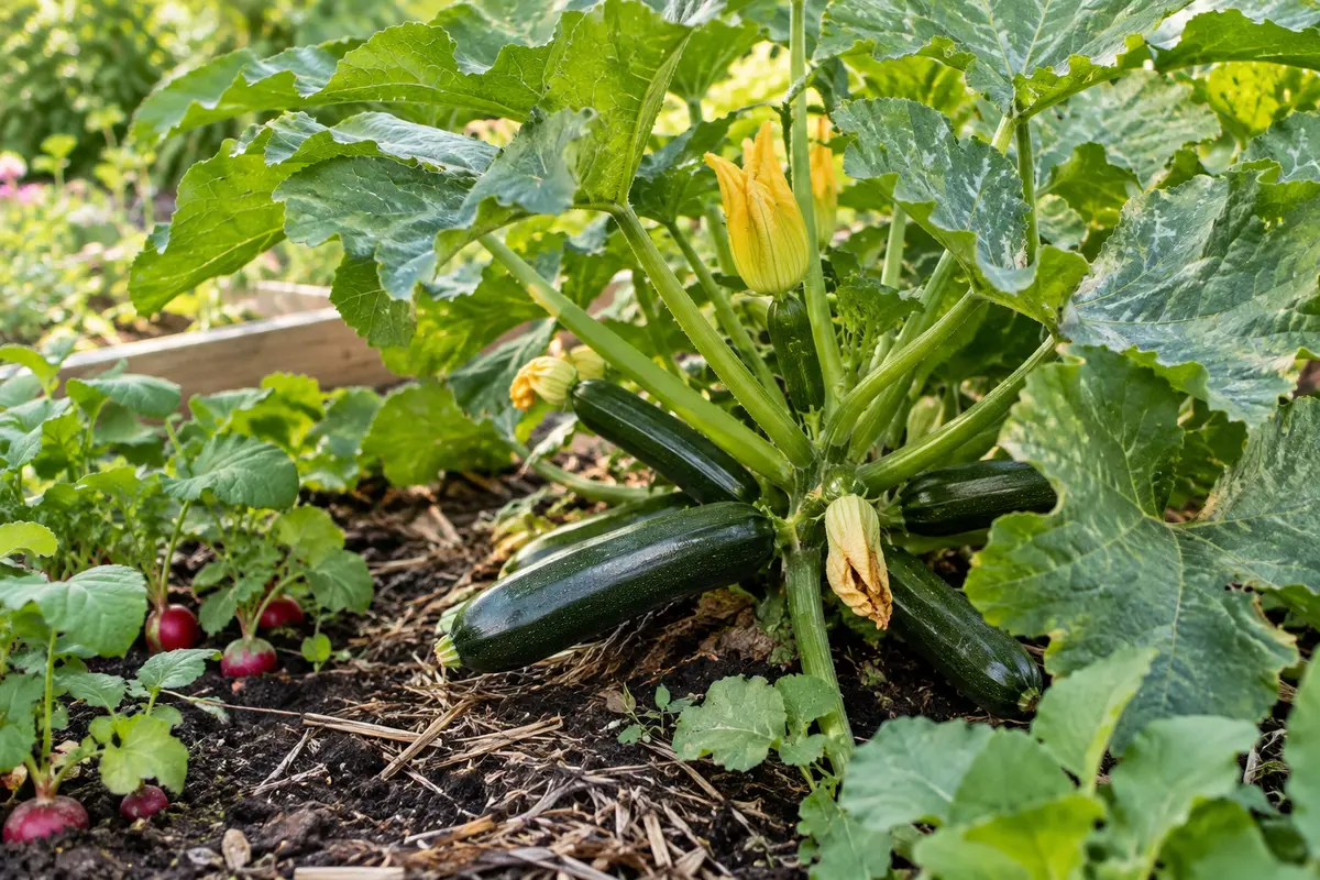 Pied de courgette aux fruits vert foncé dans un potager ensoleillé, avec terre paillée et radis voisins.