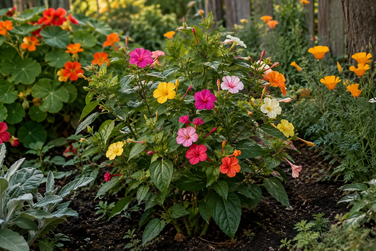 Belle de nuit aux fleurs multicolores dans un massif ombragé d’un jardin français en fin de journée.