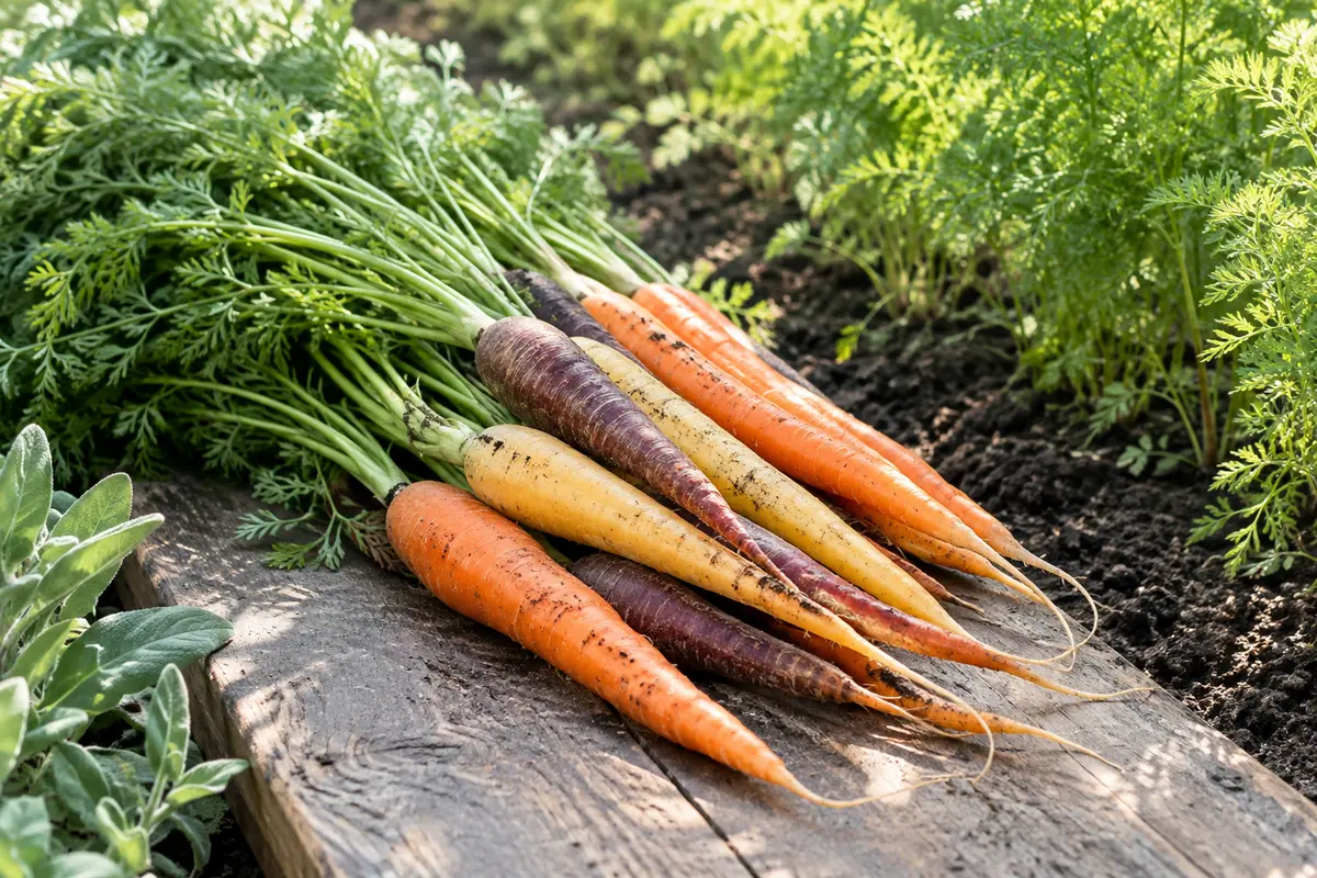 Carottes longues et régulières fraîchement récoltées, posées près d’un rang de feuillage au potager.