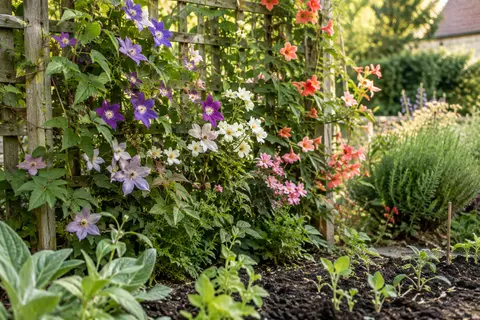 Mélange de fleurs grimpantes colorées près d’un treillage en bois dans un jardin ensoleillé