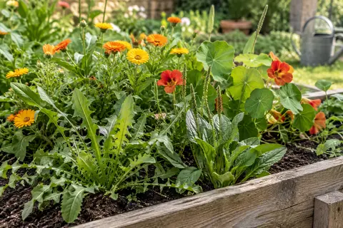 Parcelle ensoleillée de fleurs et de feuillages issus d’un mélange pour tortues terrestres