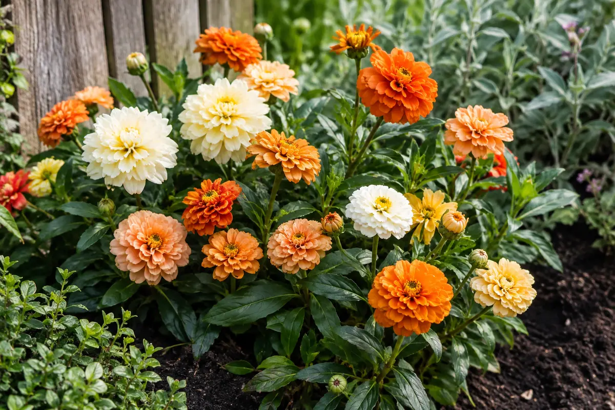 Fleurs doubles de souci aux tons crème et orange dans un massif de jardin ensoleillé.