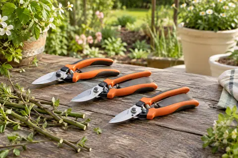 Trois sécateurs de jardin compacts à poignées orange et lames droites en acier, posés près de jeunes plants.
