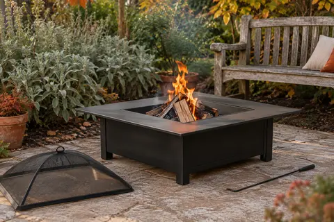 Brasero carré en métal noir avec tablette périphérique, couvercle grillagé et tisonnier dans un jardin