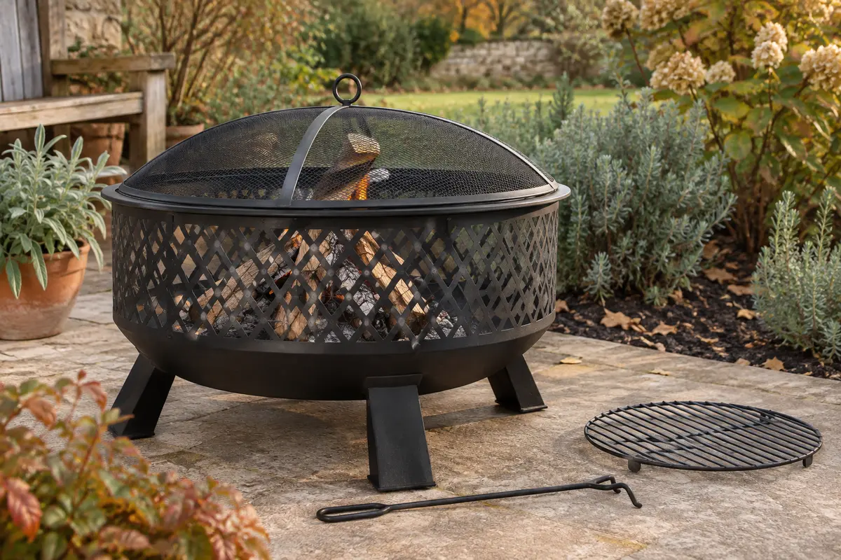 Brasero rond noir ajouré avec couvercle pare-étincelles, tisonnier et grille dans un jardin