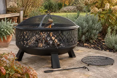Brasero rond noir ajouré avec couvercle pare-étincelles, tisonnier et grille dans un jardin