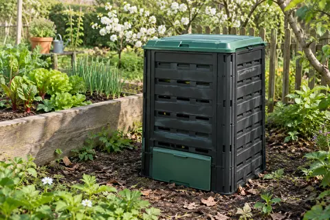 Composteur de jardin noir et vert avec ouvertures d’aération, installé près d’un potager