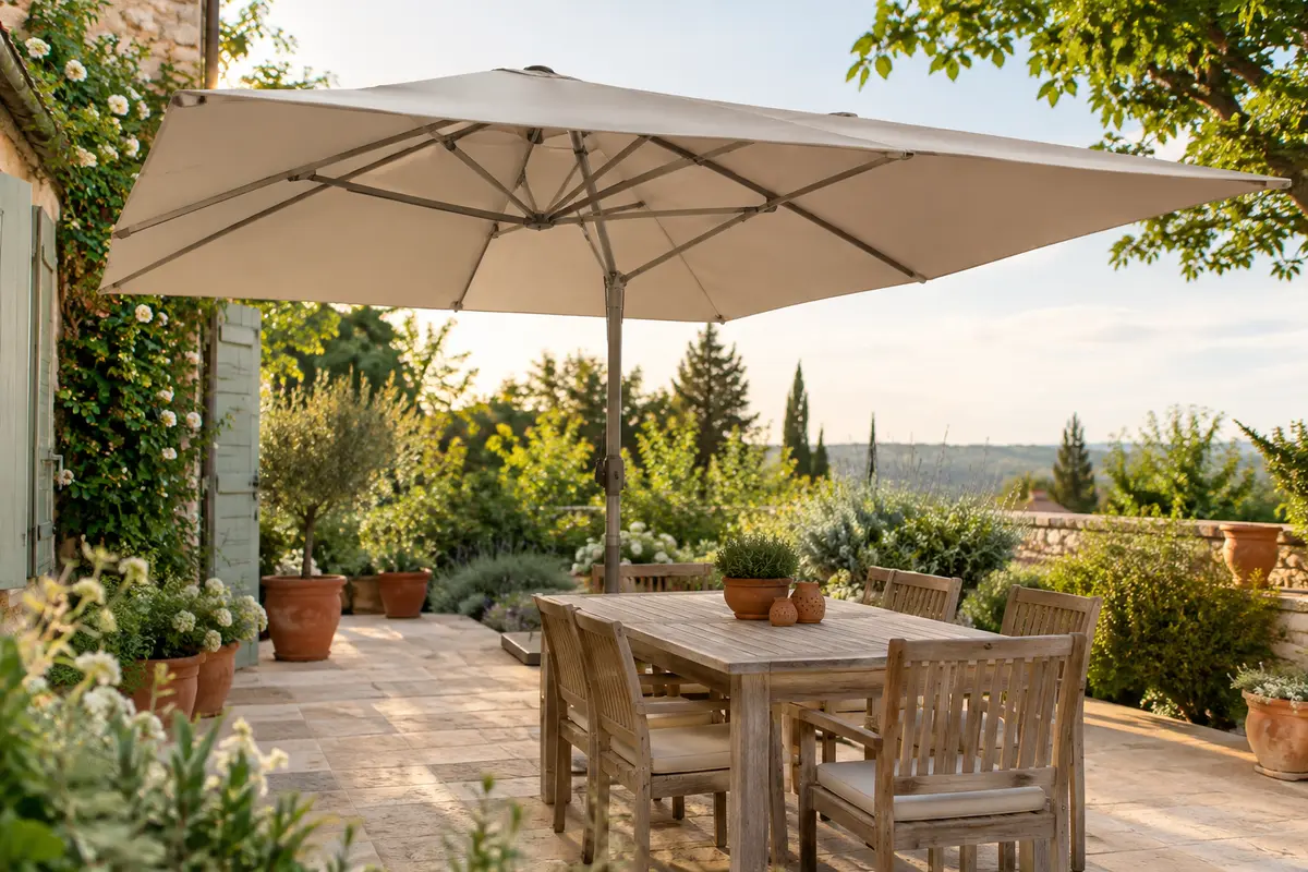 Parasol double beige ouvert sur une terrasse de jardin, avec sa large toile rectangulaire et son armature en aluminium.