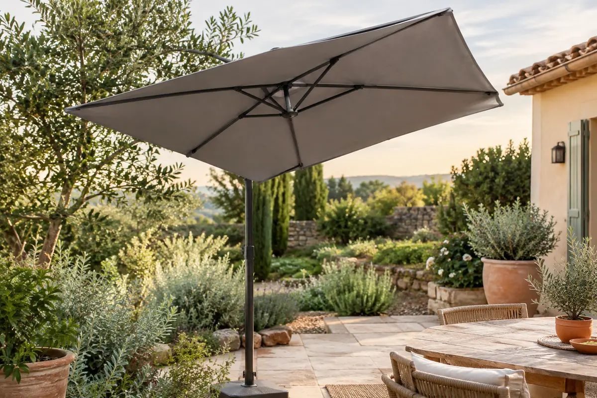 Parasol rectangulaire gris incliné dans un jardin, avec structure en acier anthracite et toile polyester.