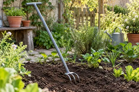 Cultivateur manuel gris à quatre dents posé près d’un parterre de terre fraîchement ameublie