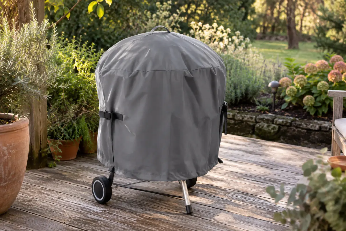 Housse grise à sangles couvrant un barbecue à charbon dans un jardin verdoyant