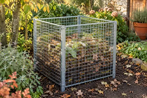Composteur de jardin Wiltec argenté à grilles ouvertes, installé sur la terre au milieu du feuillage.