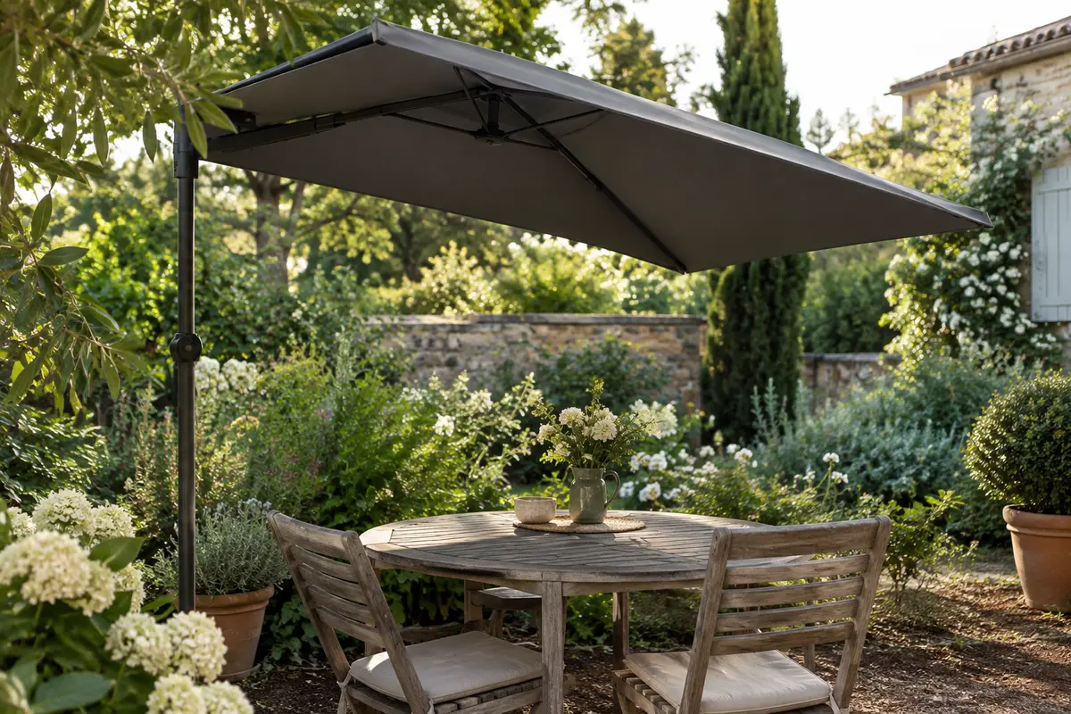 Parasol WOLTU gris foncé à toile rectangulaire inclinée, installé dans un jardin ensoleillé.