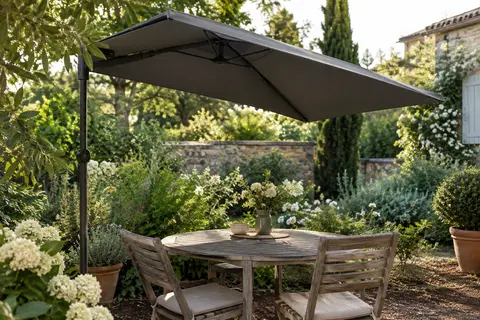 Parasol WOLTU gris foncé à toile rectangulaire inclinée, installé dans un jardin ensoleillé.