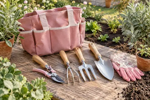 Kit de jardinage rose avec outils à manches en bois, gants et sac à poches posé près de jeunes plants