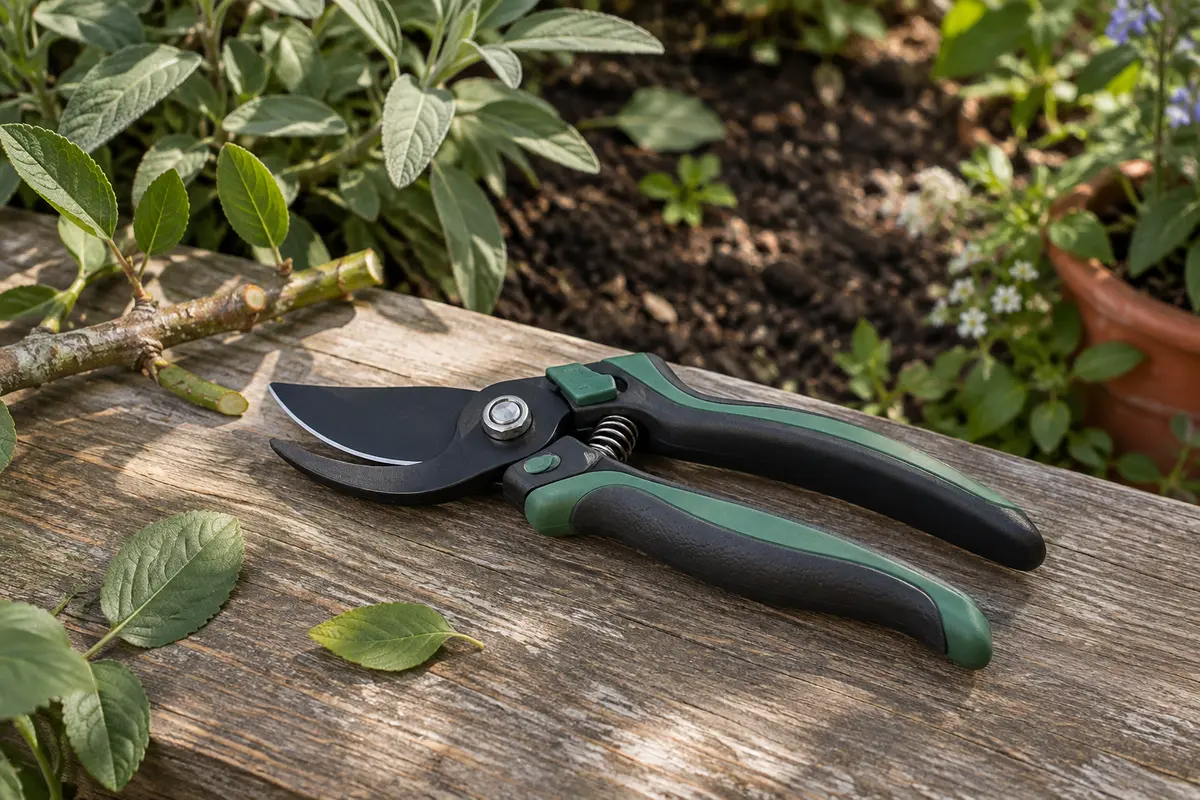 Sécateur de jardin noir et vert à lame SK5 posé sur du bois dans un jardin printanier.