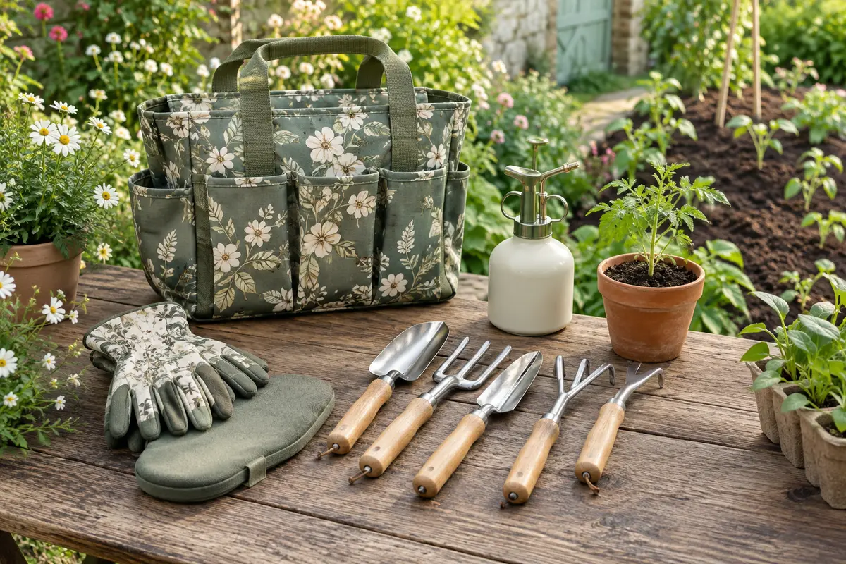 Kit de jardinage vert avec outils en acier inoxydable, poignées en bois et sac floral posé près de jeunes plants.