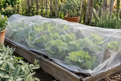 Filet de jardin blanc à maille fine posé sur une planche de légumes dans un potager lumineux.