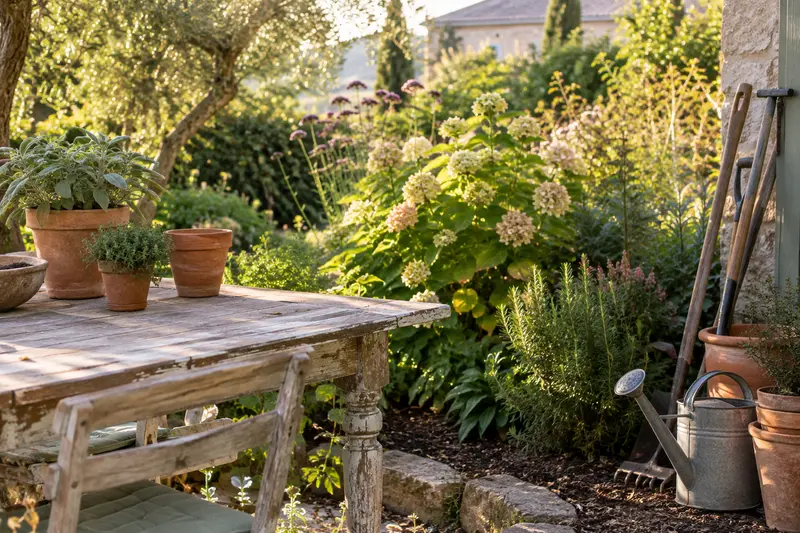 Coin de jardin aménagé avec pots en terre cuite, table en bois et feuillage de fin d’été