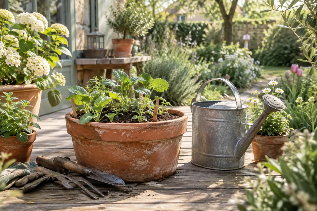 Jardin printanier avec jeunes plants, outils à main et terrasse en bois patiné
